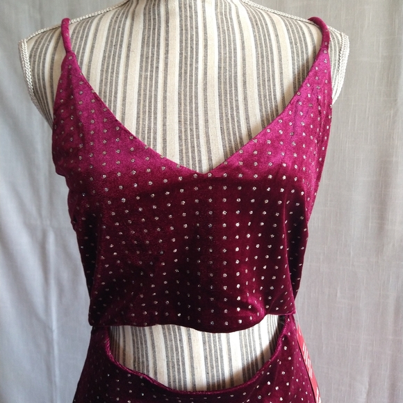 Sparkly Velvet Burgundy Gold Strappy Mini Dress Cutout Size Large - Picture 5 of 16